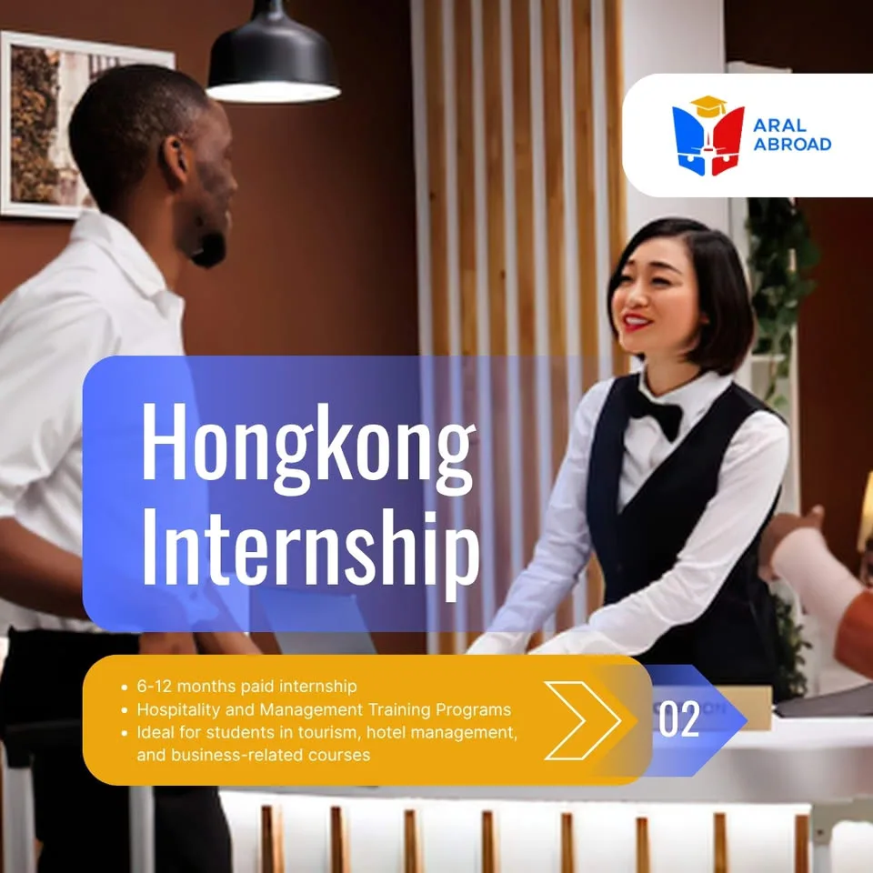 Hong Kong Internship poster — 6-12 months paid internship, Hospitality and Management Training Programs, Ideal for students in tourism, hotel management, and business-related courses