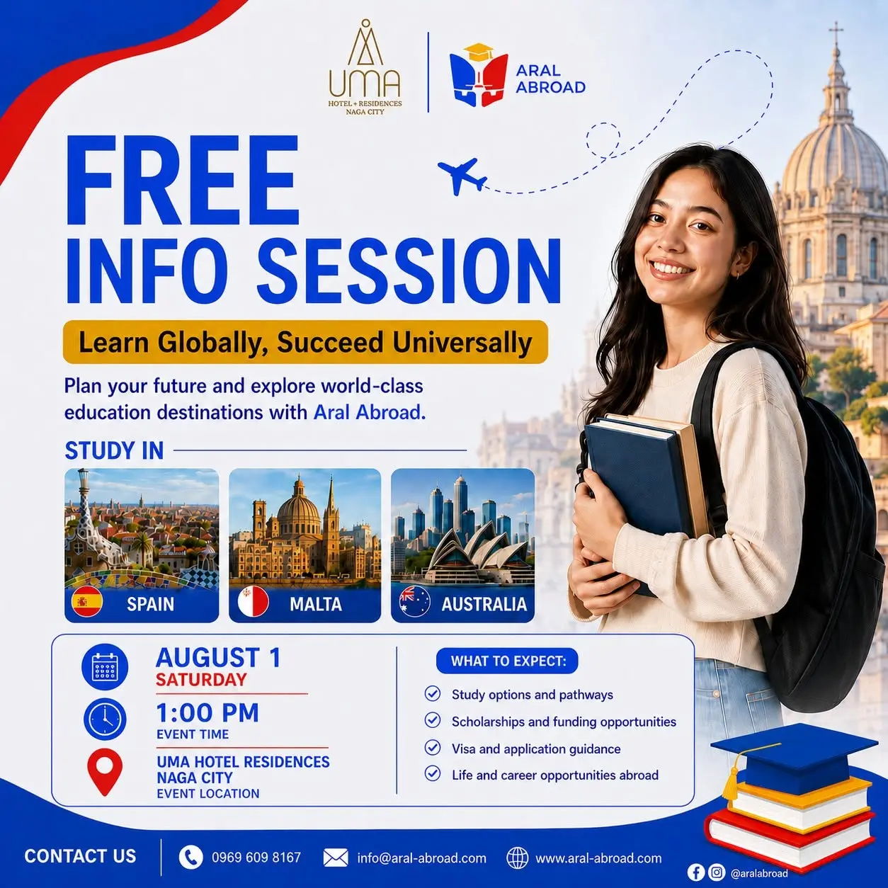 Your global education journey starts here - study in Australia, Spain, and Malta. event poster