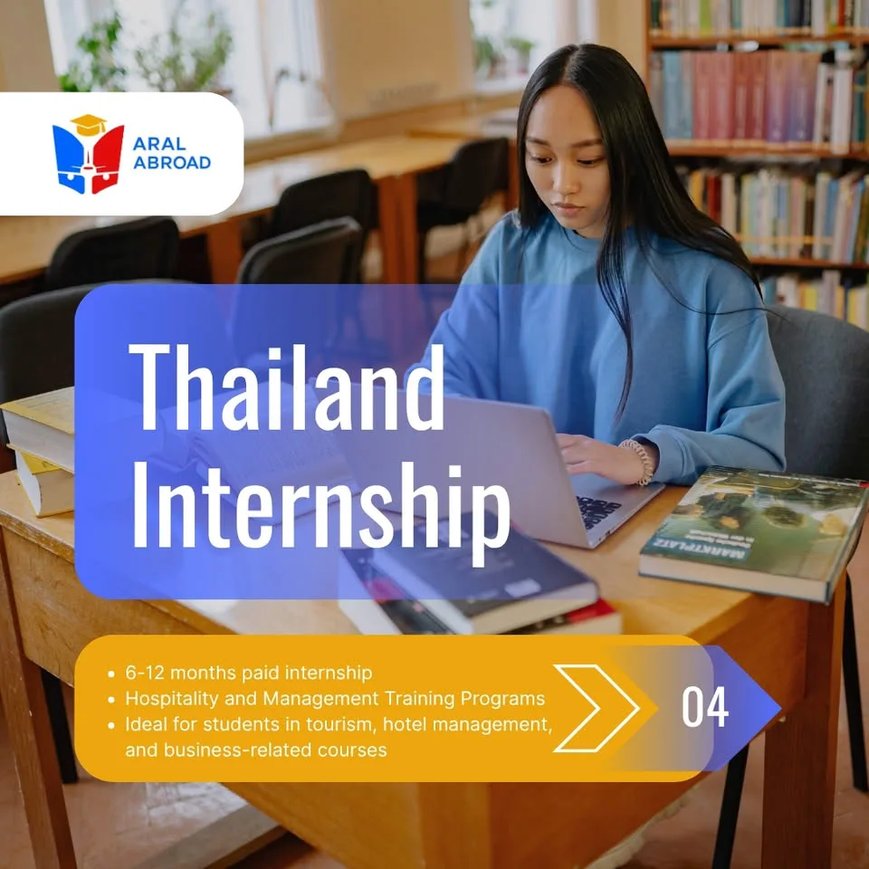 Thailand Internship poster — 6-12 months paid internship, Hospitality and Management Training Programs, Ideal for students in tourism, hotel management, and business-related courses