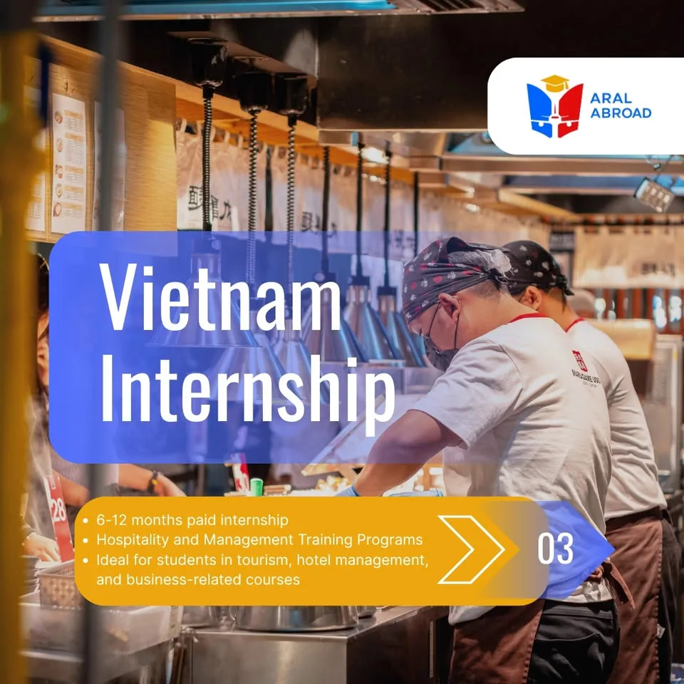 Vietnam Internship poster — 6-12 months paid internship, Hospitality and Management Training Programs, Ideal for students in tourism, hotel management, and business-related courses